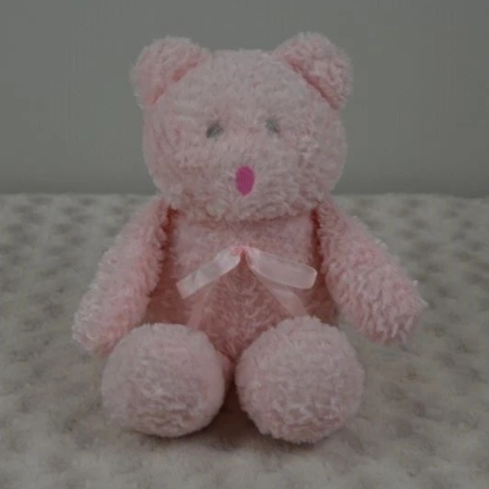 Baby Essentials Pink Teddy Bear Plush Stuffed Animal Toy Rattle Bow 12" lovey